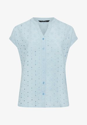 Light blue sleeveless blouse with floral eyelet embroidery and front button closure.