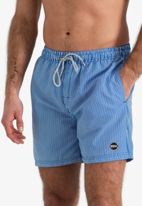 Blauwe en witte gestreepte zwembroek met een elastische tailleband, trekkoord, zijzakken en een ronde logo op de zoom.