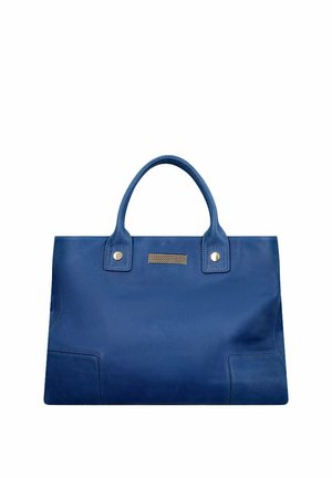 Blauwe leren handtas met dubbele handvatten, rechthoekige vorm en een klein metalen plaatje dichtbij het bovenste midden.
