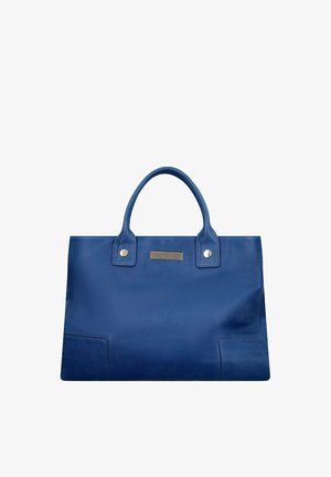 Blue leather handbag with dual handles, rectangular shape, and small metal plate detail near the top center.