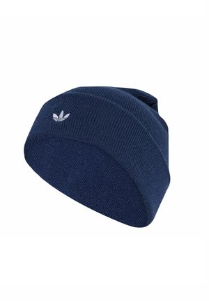 Navy knitted beanie hat with a ribbed texture, featuring a small white Adidas trefoil logo on the front.