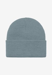 Gorro de punto azul claro con puño doblado, presenta una textura suave y parte superior redondeada, adecuado para uso casual.