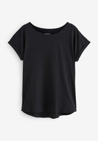 T-shirt noir pour femme à manches courtes retroussées et col rond, présenté sur fond blanc.