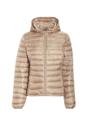 Beige puffer jacket featuring horizontal stitching, a front zipper, and a hood. Material appears glossy, with elastic cuffs and a fitted design.