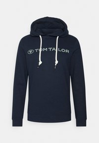 Mörkblå hoodie med dragsnören, med "TOM TAILOR"-logotyp i ljusgrön, tillverkad av mjukt material, med ribbad mudd och nederkant.