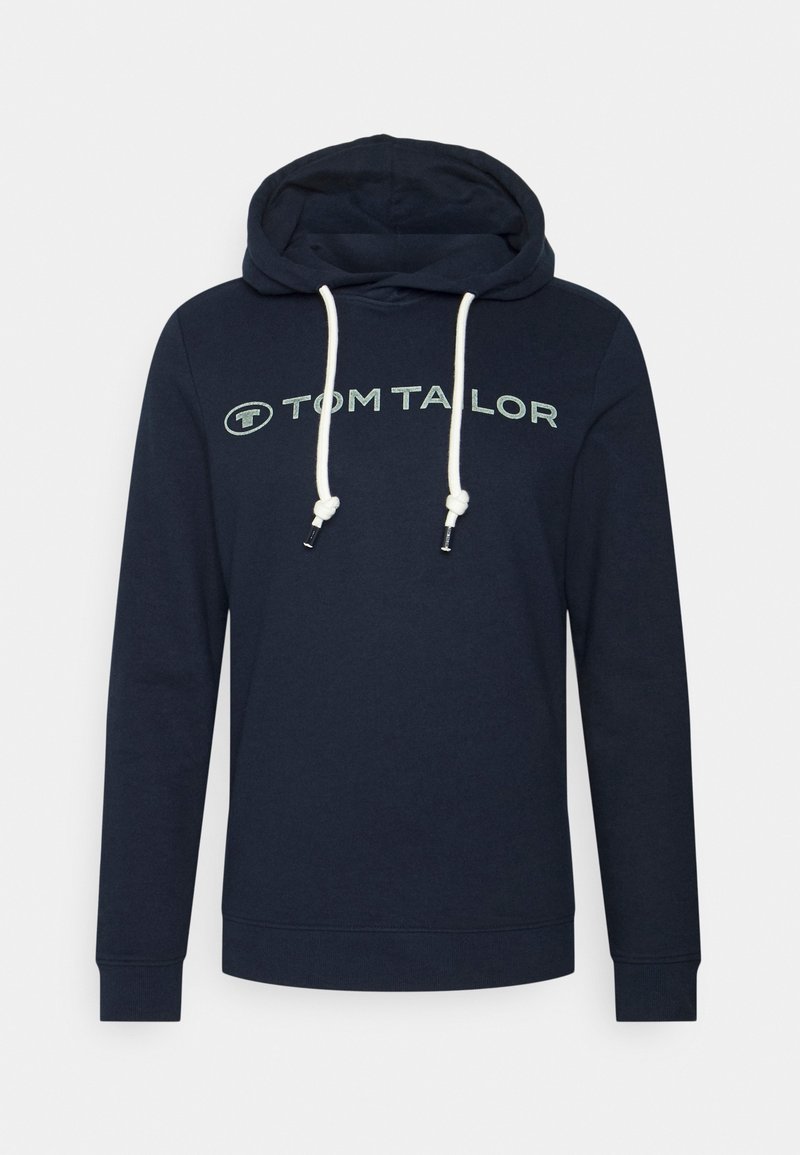 Mörkblå hoodie med dragsnören, med "TOM TAILOR"-logotyp i ljusgrön, tillverkad av mjukt material, med ribbad mudd och nederkant.