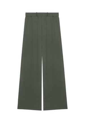 Pantalones de pierna ancha en verde oliva con cintura elástica y bolsillos laterales, diseñados para uso casual.