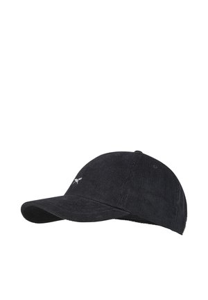 Schwarze Cord-Baseballkappe mit gebogenem Schirm und kleinem weißen, vorne besticktem Logo.
