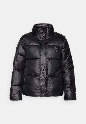 Black puffer jacket with a high collar, quilted design, glossy finish, and a slightly cropped silhouette. Features long sleeves and a front zipper.