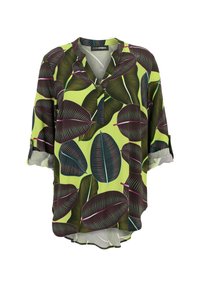Kurzärmlige Bluse aus grü fabric, die große dunkle Blätter mit pinken und blauen Akzenten zeigt, mit V-Ausschnitt und einem lockeren Schnitt mit abgerundetem Saum.