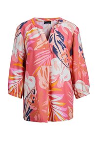 Rosa Bluse mit Blumenmuster, V-Ausschnitt, 3/4-Ärmel mit elastischen Bündchen und lebhaften tropischen Blattmustern in Weiß, Pfirsich und Dunkelblau.
