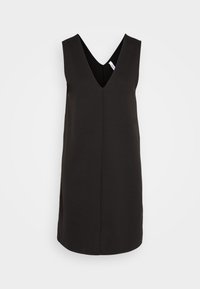 Vestido negro sin mangas con escote en V pronunciado, fabricado en material suave. Presenta un corte recto y sutiles aberturas laterales para mayor comodidad en el movimiento.