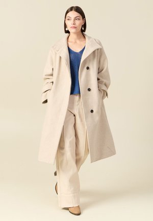 Vrouw staat met handen in haar zakken, draagt een beige lange jas, blauwe gebreide trui, beige wijde broek en bruine hakken tegen een beige achtergrond.