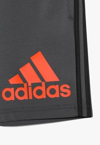 Grå sportshorts med svarta sidostrick och en stor röd Adidas-logotyp på vänster ben. Tillverkade av ett mjukt, lätt material.