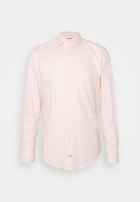 Vaaleanpunaisesta kevyestä kankaasta valmistettu pitkähihaisen paidan, jossa on klassinen kaulus, nappikiinnitys edessä ja yksittäiset kalvosimet. Sileä pinta, jossa on hienovarainen kiilto.