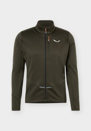 Veste zippée manches longues vert foncé avec col montant, poche poitrine zippée avec tirette orange et logo blanc sur la poitrine gauche.
