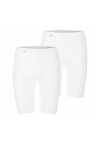White cotton shorts with a smooth texture, featuring a decorative lace trim at the hem and an elastic waistband for comfort. Two pairs included.