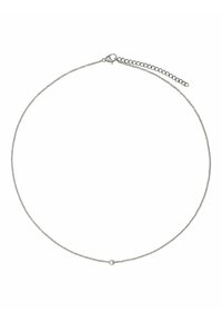 Silberne Kettenhalskette mit einem filigranen Design, das eine kleine runde Perle in der Mitte zeigt. Verstellbare Länge mit einem Karabinerverschluss und Verlängerung.