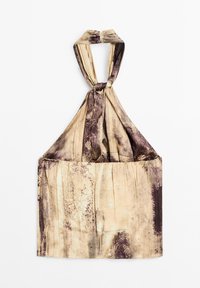 Kabelka přes tělo v hnědo-bežové látce, s uzlovým popruhem na vrchu, se strukturovaným vzorem abstraktních designů a skládací sekcí.