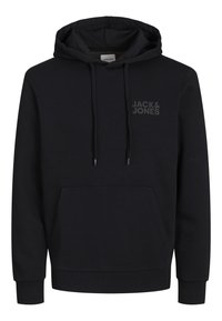 Zwarte hoodie van zachte stof, voorzien van een kangoeroezak, een capuchon met trekkoord en een subtiele logo op de borst. Geribbelde manchetten en zoom.