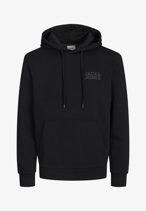 Hoodie preto feito de um tecido macio, apresentando um bolso tipo canguru, capuz com cordão e um logotipo discreto no peito. Punhos e barra canelados.