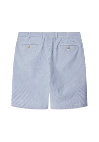 Shorts rayés bleus et blancs pour hommes avec fermeture à bouton, deux poches arrière et finition contrastante autour des poches. Tissu en coton.