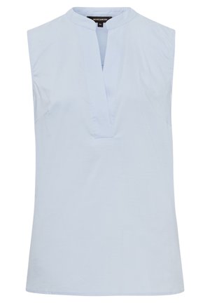 Blusa sin mangas azul claro con cuello mandarín y escote en forma de V con muesca, talla 38, tela lisa, etiqueta de la marca dentro del cuello.