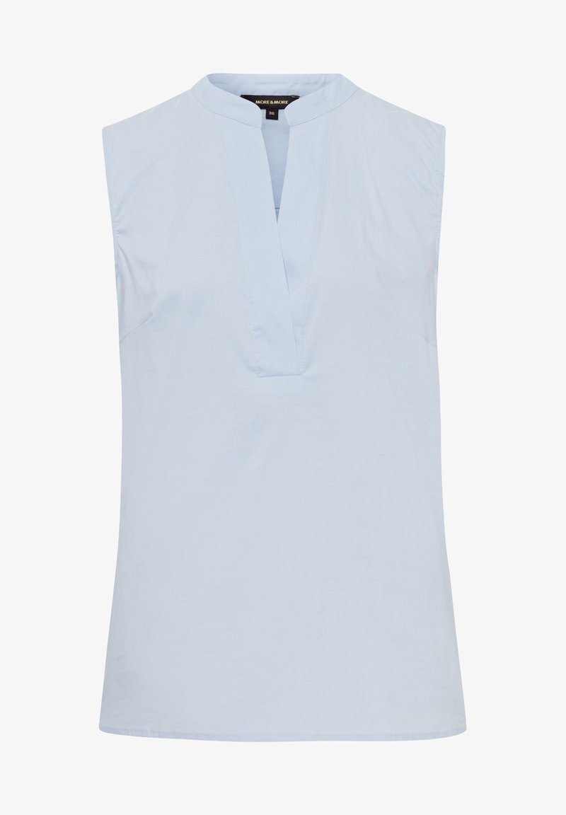 Jasnoniebieska bluzka bez rękawów z kołnierzykiem typu mandarynka i dekoltem w kształcie litery V, rozmiar 38, gładka tkanina, metka marki wewnątrz kołnierzyka.