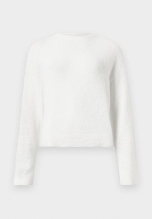 White long-sleeve fuzzy crewneck sweater with a slightly cropped fit and textured fabric.