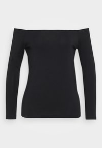 Svart langermet topp med off-the-shoulder-design, laget av et glatt, elastisk stoff, med en tettsittende silhuett og uten synlige mønstre.