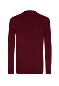 Maglione a girocollo in misto lana color bordeaux, con maniche lunghe a raglan e texture a costine, dotato di fondo aderente.