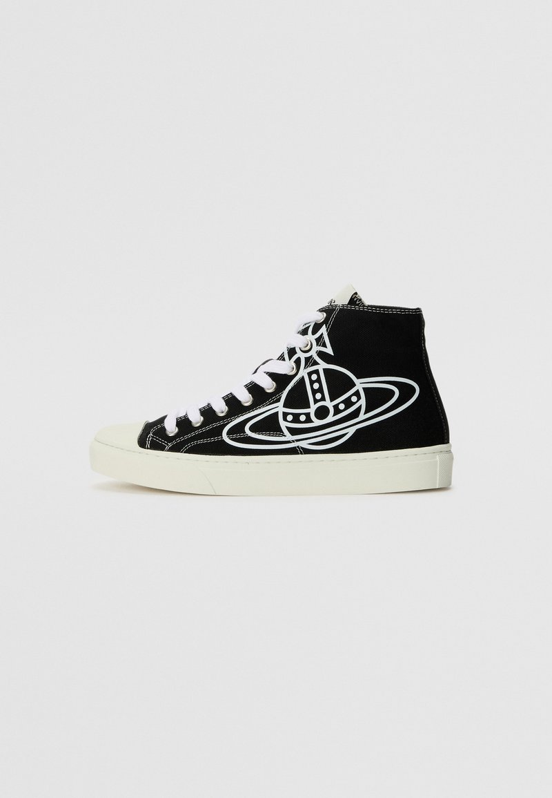 Schwarze Canvas-High-Top-Sneaker mit weißem Planetenmotiv, kontrastierenden Nähten, weißen Schnürsenkeln und einer hellen Gummisohle.