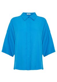 Turquoise overhemd met korte mouwen en een kraag, gemaakt van lichtgewicht stof. Heeft een relaxte pasvorm en een subtiele glans.