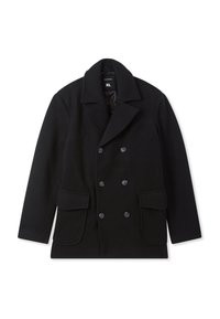 Cappotto da marinaio nero doppiopetto con ampi risvolti, sei bottoni, due tasche a patta e etichetta di taglia XL all'interno del colletto.