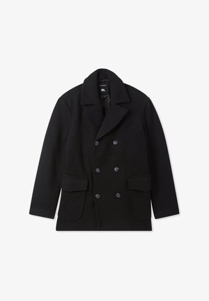 Cappotto da marinaio nero doppiopetto con ampi risvolti, sei bottoni, due tasche a patta e etichetta di taglia XL all'interno del colletto.