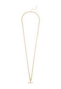 Halsband i guldton med en tunn kedja, som har en enkel horisontell stavpendel. Kedjan har en lås och justerbar längd.