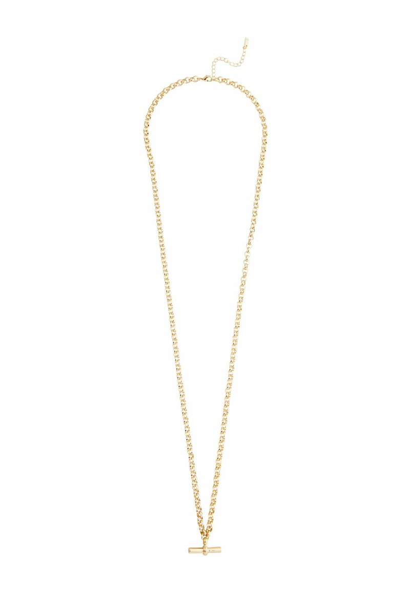 Halsband i guldton med en tunn kedja, som har en enkel horisontell stavpendel. Kedjan har en lås och justerbar längd.