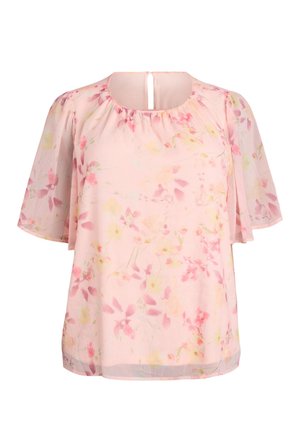 Lichtroze bloes met bloemenprint, korte zwierige mouwen, geraffineerde halslijn en een sleutelgat met knoopsluiting aan de achterkant.