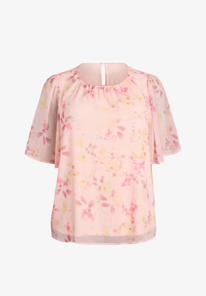 Vaaleanpunainen kukallinen pusero, jossa on lyhyet hulmuavat hihat, kerätty kaula-aukko ja takana napeilla suljettava avainreikä.