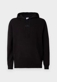 Black hoodie with a kangaroo pocket, drawstring hood, and raised "GAP" logo in the center. Made of soft fabric, featuring ribbed cuffs and hem.