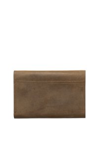 Bruine leren portemonnee met een gladde textuur, rechthoekige vorm en een eenvoudig, strak ontwerp. Heeft een flap sluiting en een achterzak.