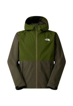 Giacca impermeabile verde e oliva con cappuccio, cerniera frontale, due tasche laterali e logo bianco "The North Face" sul petto.