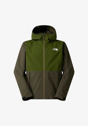 Giacca impermeabile verde e oliva con cappuccio, cerniera frontale, due tasche laterali e logo bianco "The North Face" sul petto.