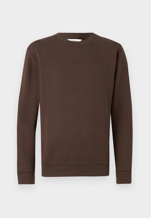 Hnedá mikina vyrobená z mäkkého materiálu, s okrúhlym výstrihom, dlhými rukávmi a rebrovanými manžetami. Minimalistický dizajn, bez viditeľných vzorov.