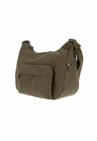 Borsa a tracolla compatta marrone con tracolla regolabile, tasca frontale con zip e design in tessuto texturizzato.