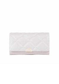 Quilted light pink wallet with a smooth texture, gold-tone half-moon hardware, and a flap closure featuring a diagonal stitch pattern.