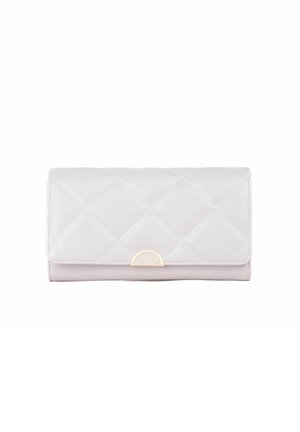 Quilted light pink wallet with a smooth texture, gold-tone half-moon hardware, and a flap closure featuring a diagonal stitch pattern.