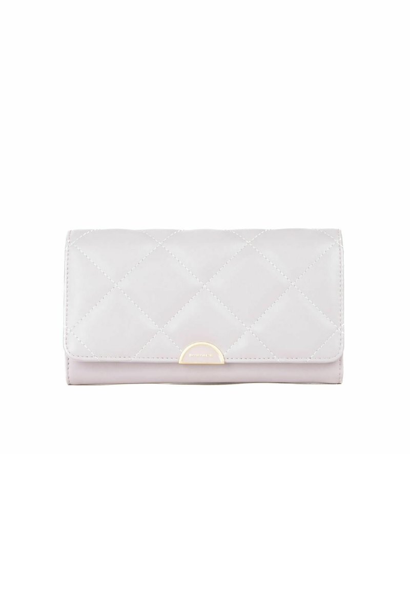 Quilted light pink wallet with a smooth texture, gold-tone half-moon hardware, and a flap closure featuring a diagonal stitch pattern.