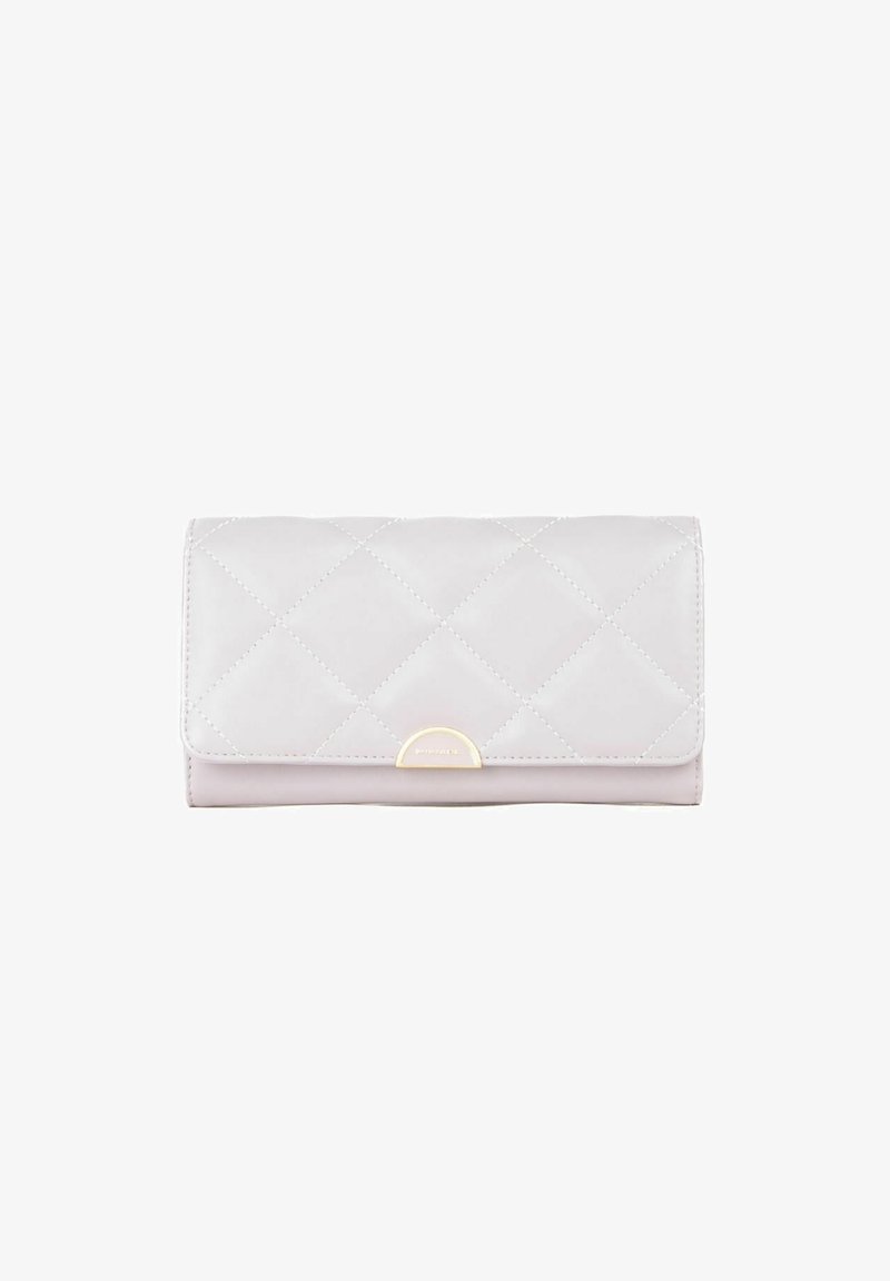 Quilted light pink wallet with a smooth texture, gold-tone half-moon hardware, and a flap closure featuring a diagonal stitch pattern.