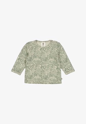 Long-sleeve shirt in light green with a textured abstract pattern. Features a round neckline and a small logo tag on the hem.